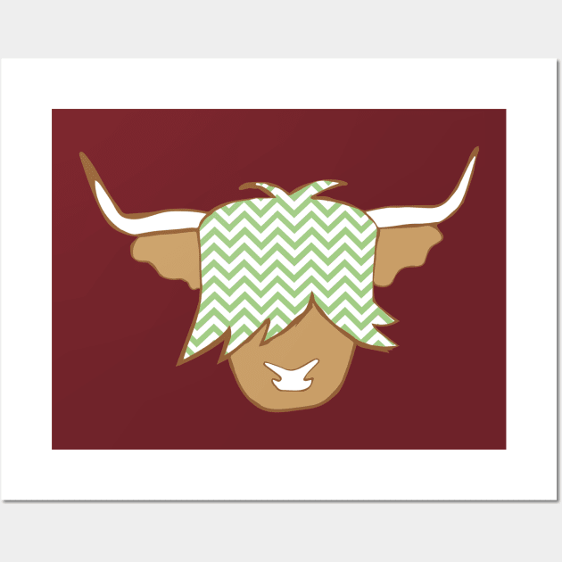 Highland cow with green and white geometric pattern Wall Art by ayelandco